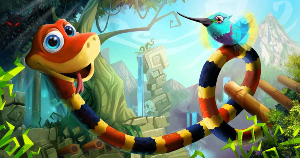 Vibrant Jungle Wallpaper: Adorable Snake & Playful Bird Adventure