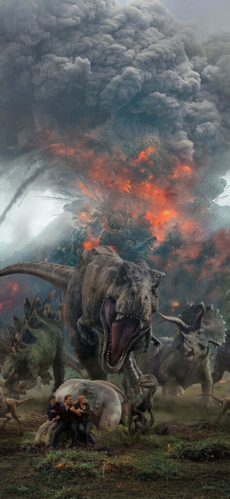 Vibrant Jurassic World Wallpaper: Dinosaurs & Fiery Explosion Scene