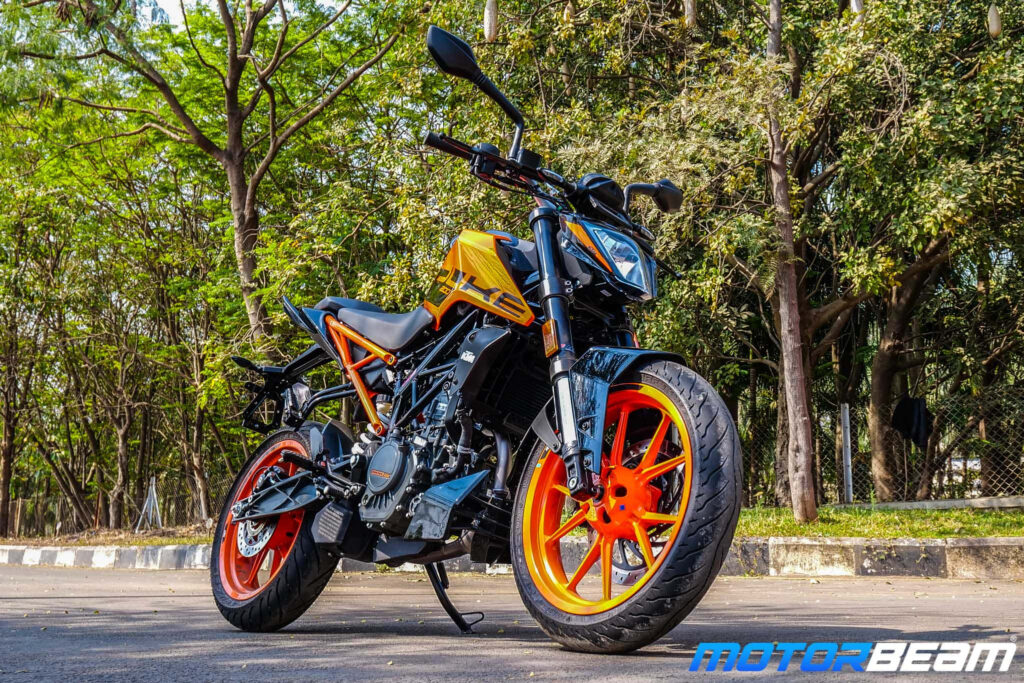 Vibrant KTM Duke Motorcycle Wallpaper Surrounded by Greenery
