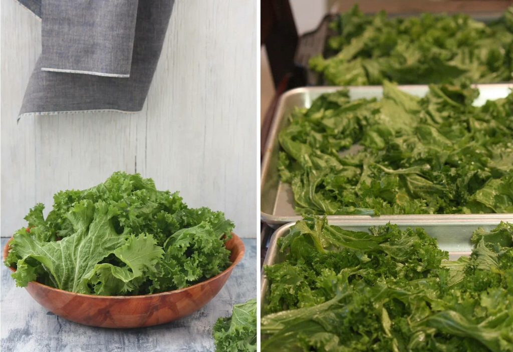Vibrant Kale Collage Wallpaper: Fresh Green Leaves in a Bowl