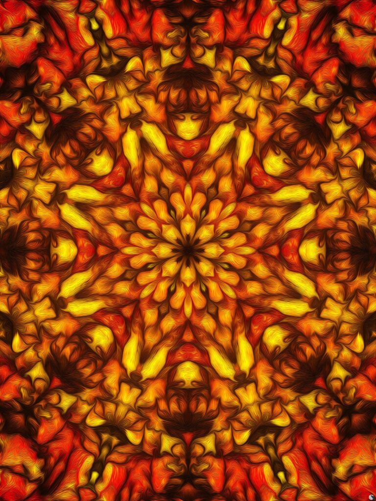 Vibrant Kaleidoscope Wallpaper: Flowers & Shapes in Red & Yellow