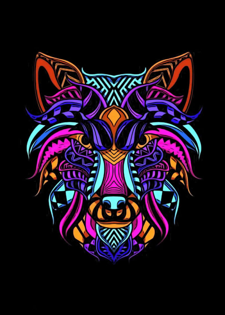 Vibrant Kaleidoscope Wolf Wallpaper on Black Background