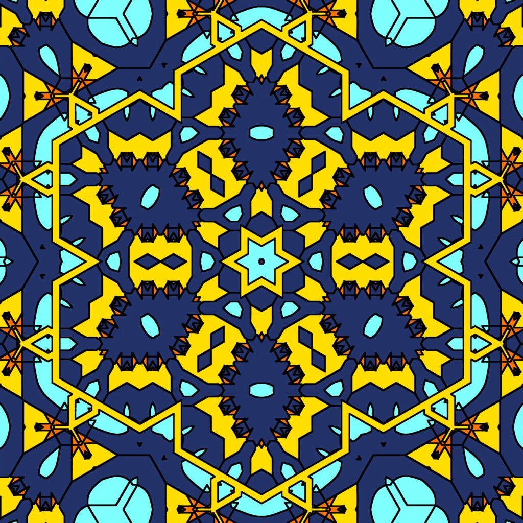 Kaleidoscopic Geometric Wallpaper: Bright Blue & Yellow Background Design