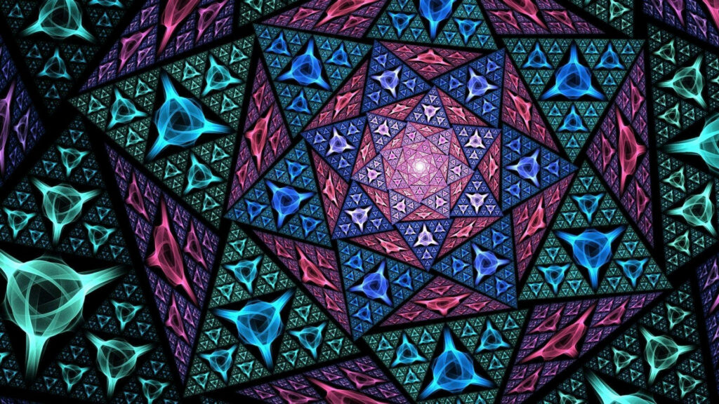 Kaleidoscopic Triangle Mosaic Wallpaper in Vibrant Blue, Pink, Purple