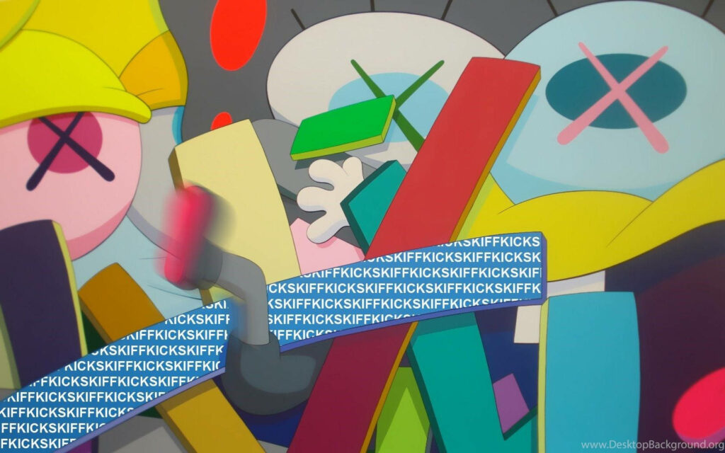 Vibrant abstract wallpaper with Kaws-inspired Spongebob characters bold colors geometric shapes