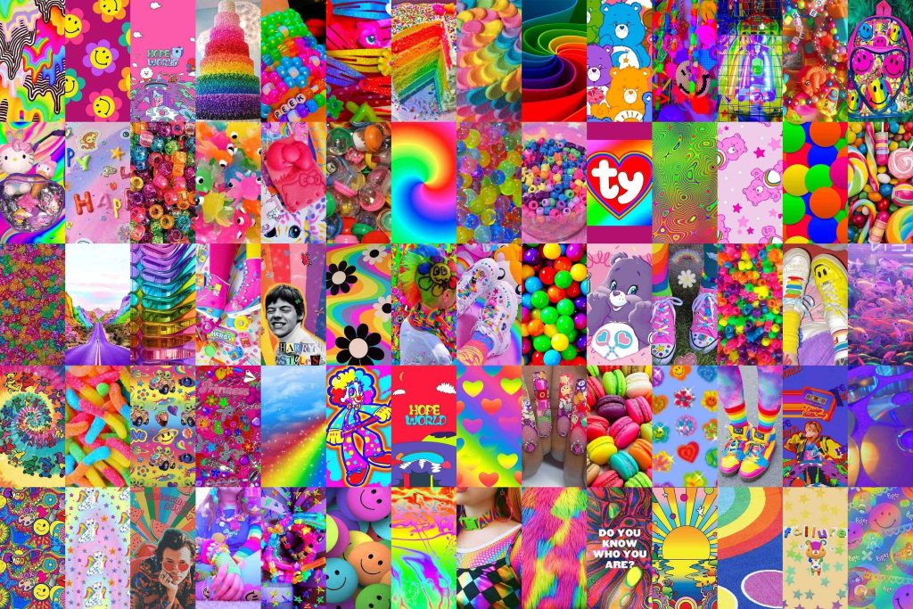 Vibrant Kidcore collage wallpaper with rainbow colors retro beads smiley faces and pop icons