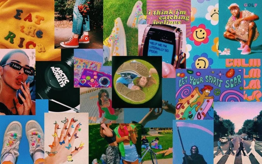 Kidcore desktop wallpaper with Tyler the Creator Golf look Arctic Monkeys logo vintage Converse retro Nokia butterflies