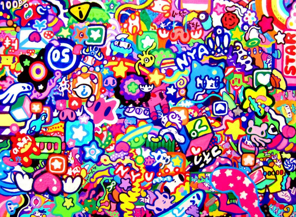 Vibrant Kidcore desktop wallpaper with neon doodles stars hearts NYA text chaotic art