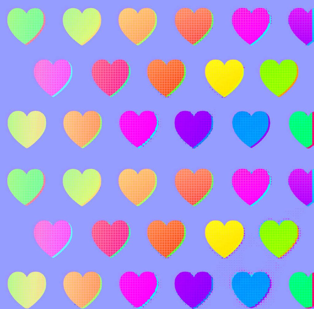 Neon Kidcore hearts pattern on light blue retro pop-art background with halftone dots Wallpaper