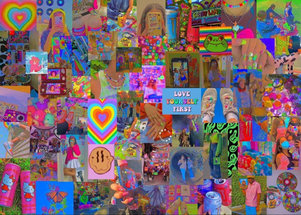 Vibrant Kidcore desktop wallpaper with 2000s beads Hello Kitty melting smileys and toys collage