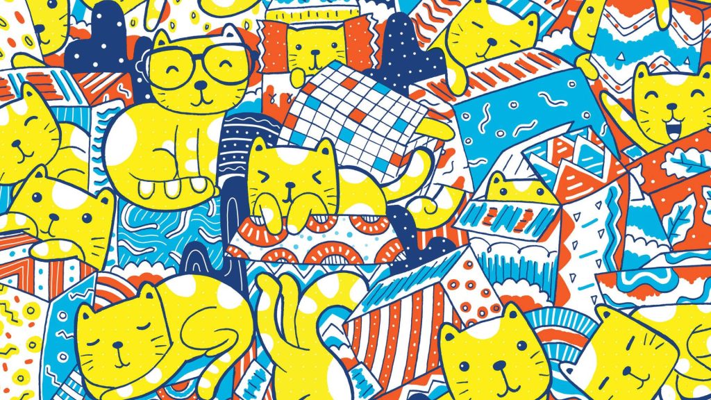 Vibrant kidcore wallpaper with playful yellow cats in colorful decorated boxes bright doodles