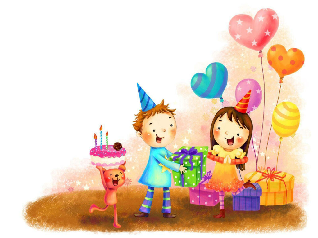 Cheerful Kids' Birthday Party Wallpaper with Gifts and Balloons