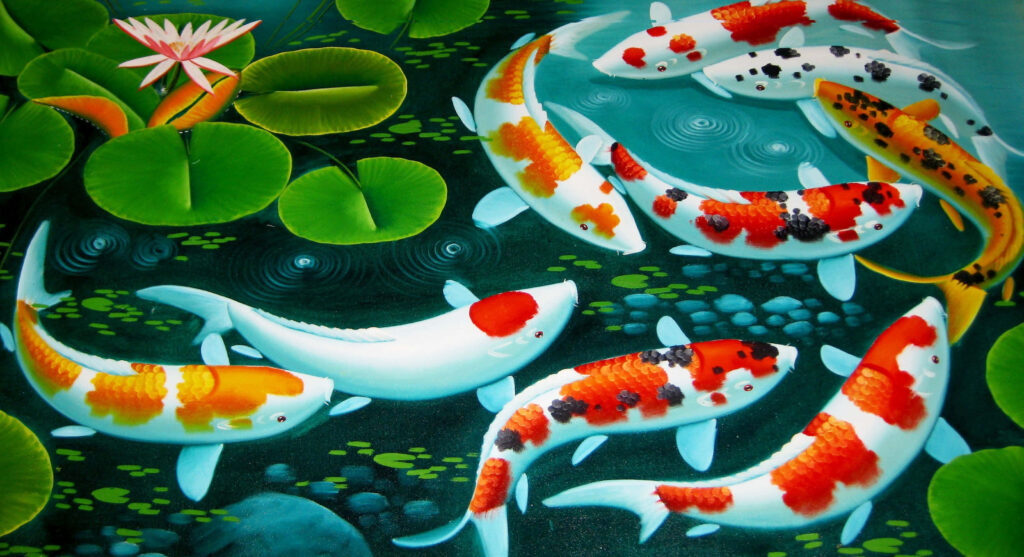 Vibrant Koi Fish Wallpaper: Stunning Close-Up with Lily Pads
