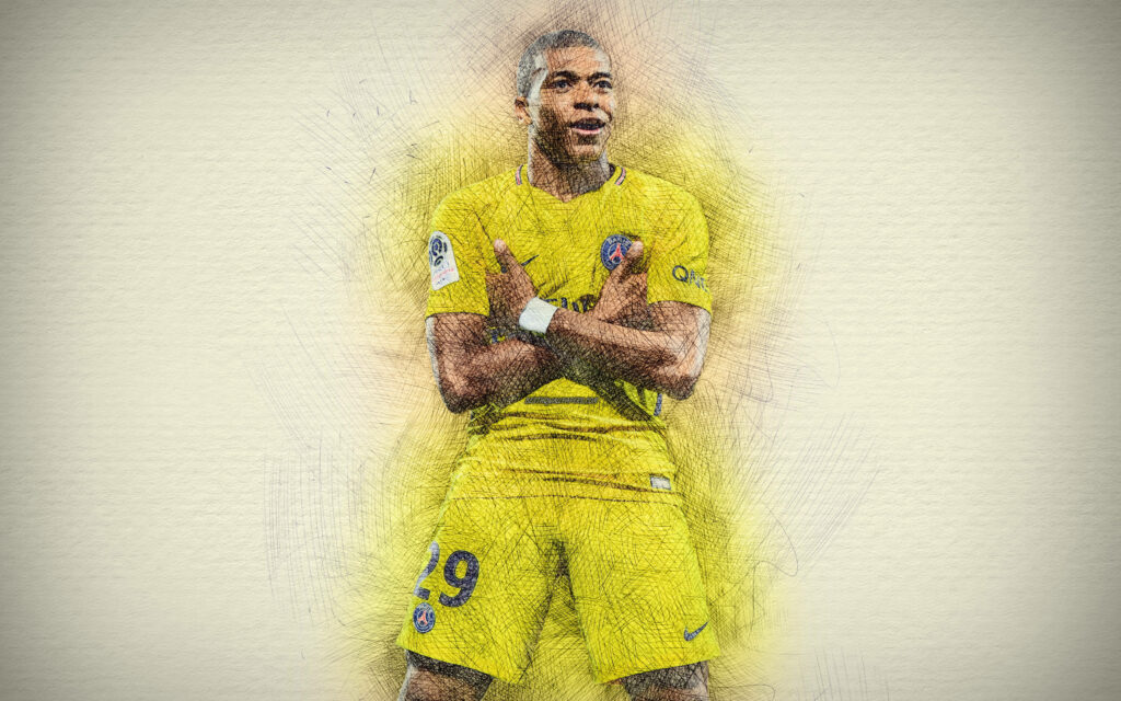 Kylian Mbappé Fanart Wallpaper: Vibrant Yellow Jersey & Celebration Pose