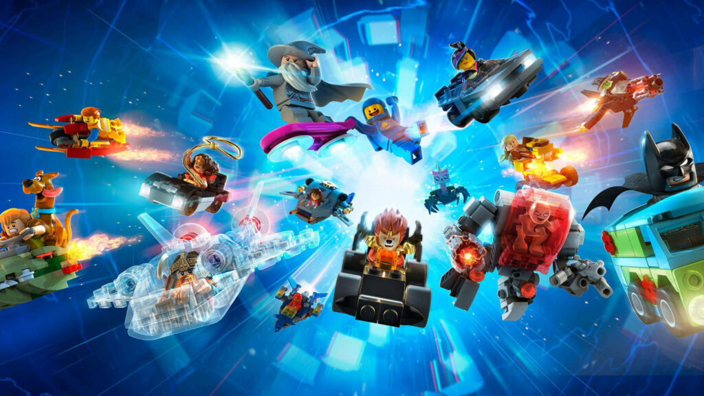 Vibrant LEGO Dimensions characters in action against a dynamic cosmic 4K wallpaper background