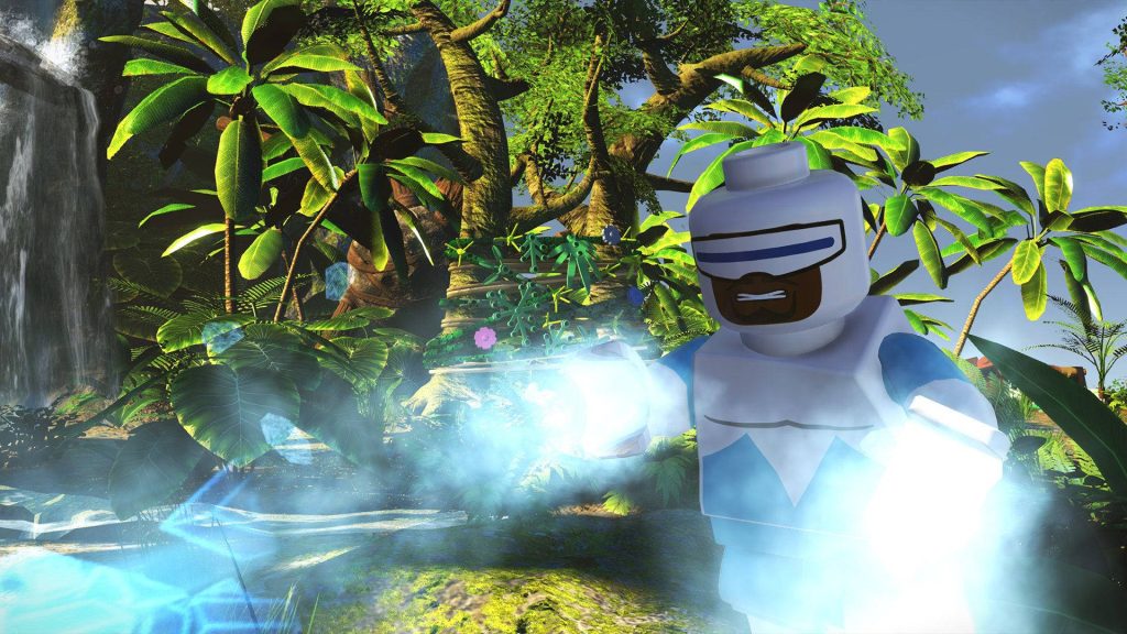 Vibrant LEGO Frozone wallpaper with ice powers in lush jungle and waterfall 3D CGI render