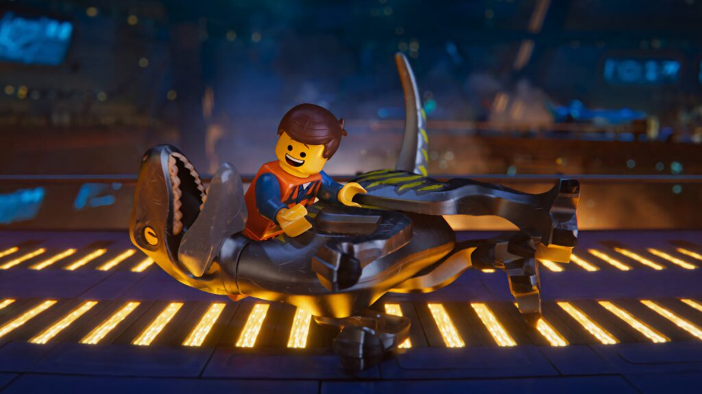 Colorful LEGO Movie 2 Wallpaper: Dinosaur Ride in Futuristic Scene