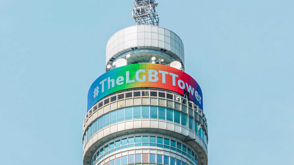 BT Tower vibrant rainbow digital banner TheLGBTTower celebrating pride diversity wallpaper