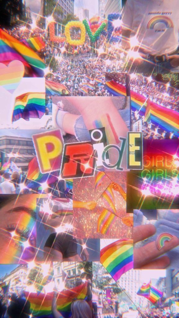 Vibrant LGBT Pride wallpaper with rainbow flags crowds sparkle filter and warm pink hues background