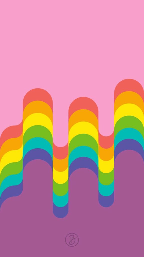 Vibrant LGBT rainbow wallpaper with dripping paint shapes on pink purple gradient background