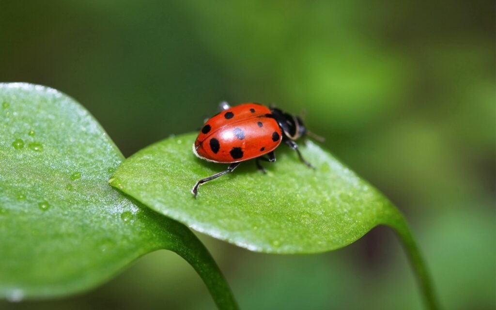 Vibrant Ladybird on Green Leaf - Soft Light Wallpaper Background