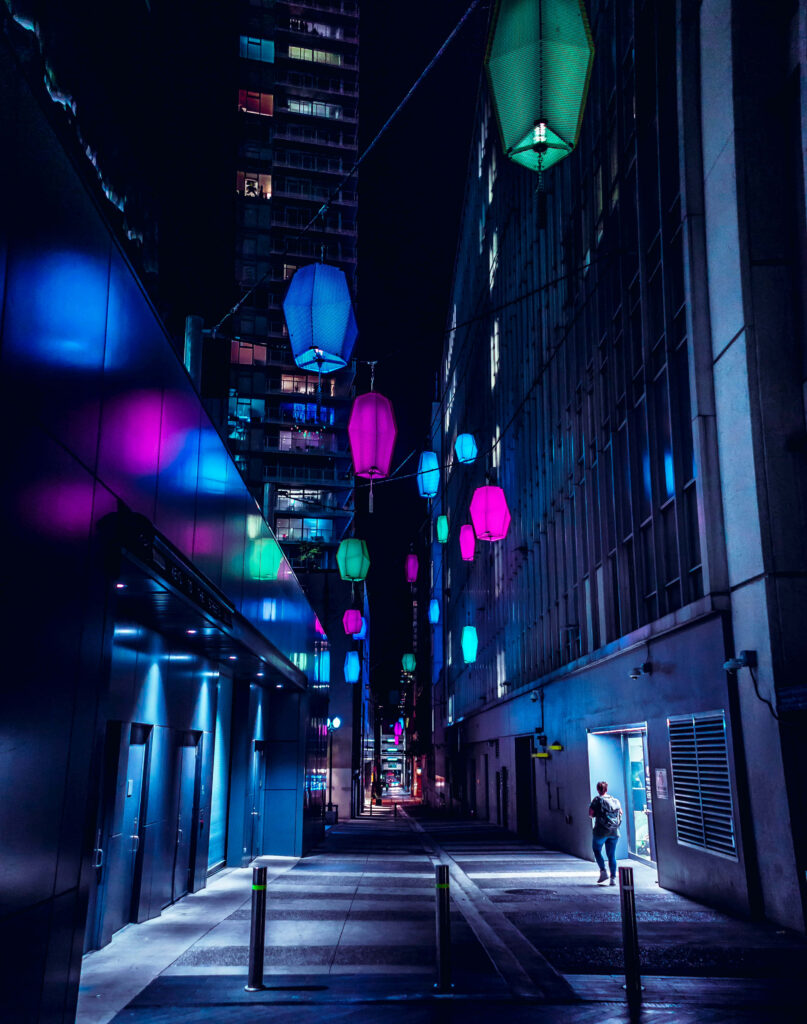 Vibrant Lantern Alley: Captivating Nighttime Wallpaper Background