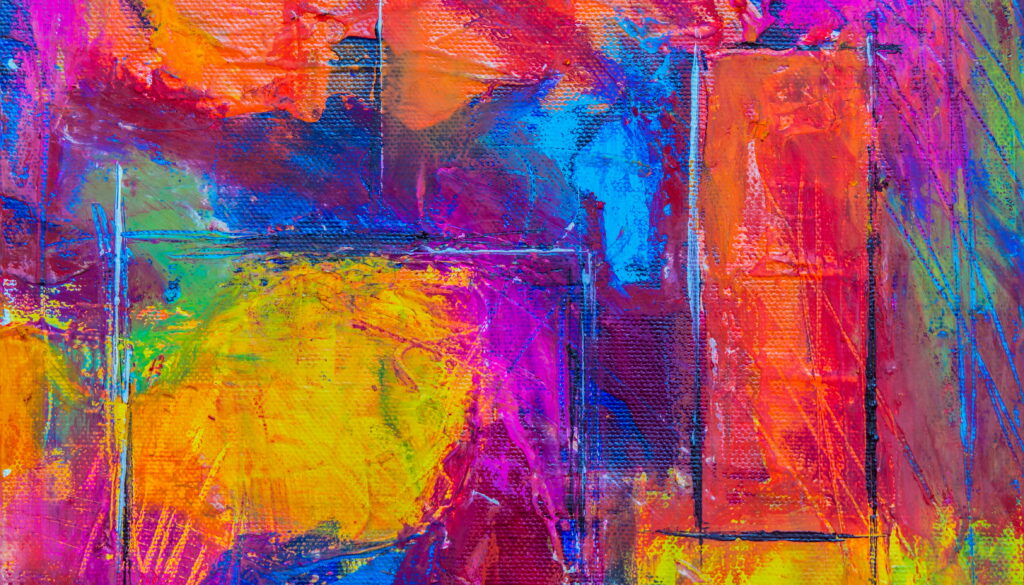 Vibrant abstract expressionism wallpaper with neon pink blue yellow acrylic brushstrokes on canvas
