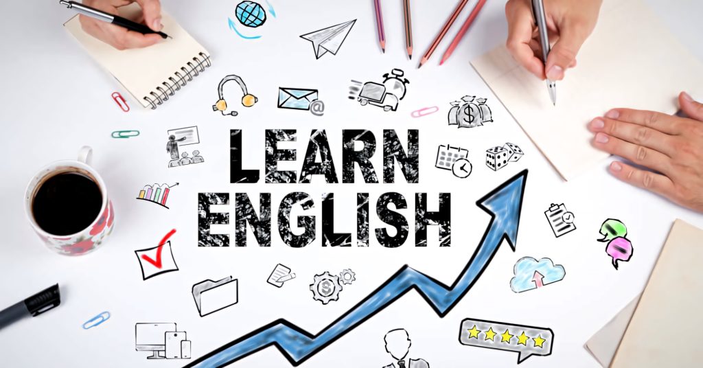 Top-down view of vibrant Learn English wallpaper with icons arrows and stationery for students