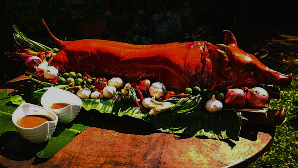Traditional Lechon Boodle Fight Wallpaper: Roasted Pig & Fresh Veggies