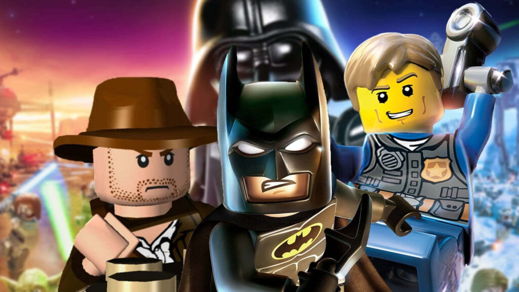 Colorful Lego wallpaper featuring Batman Indy Lego police officer action-packed background