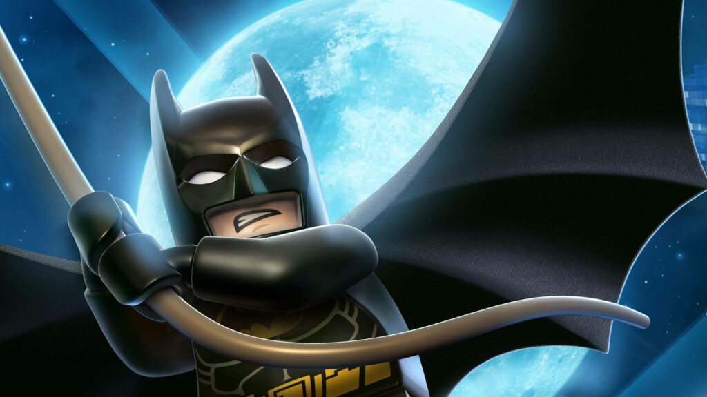 Action-Packed Lego Batman Wallpaper Against Luminous Moon Background