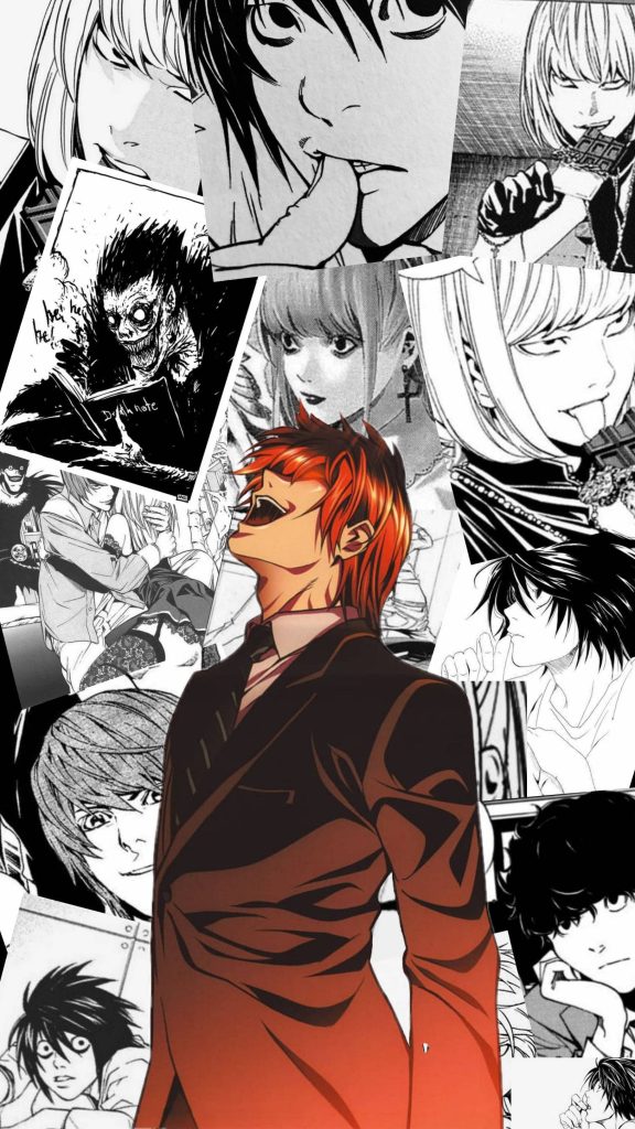 Death Note phone wallpaper with vibrant Light Yagami laughing and black white manga panels background
