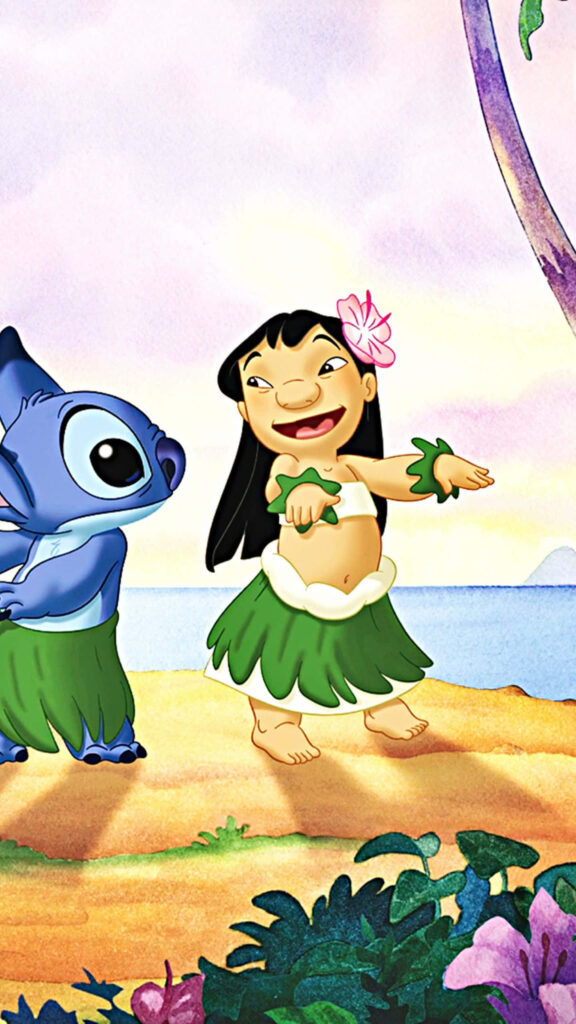 Vibrant Lilo & Stitch Beach Dance Wallpaper - Disney Aesthetic