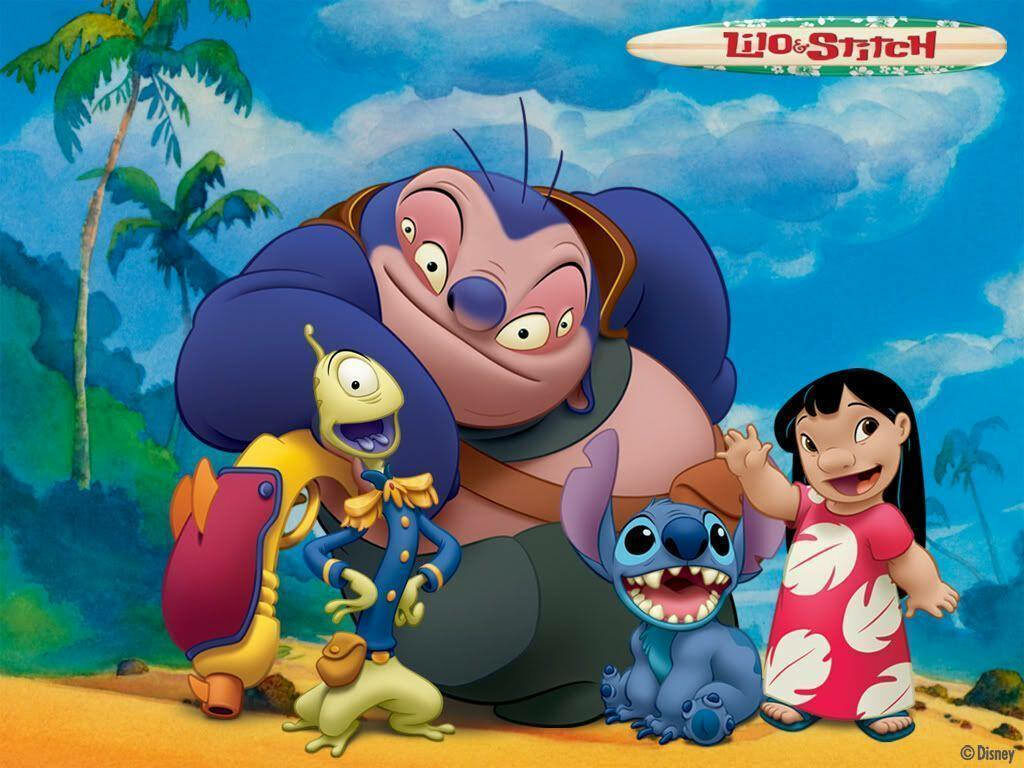 Colorful Lilo & Stitch Characters on Vibrant Tropical Beach Wallpaper