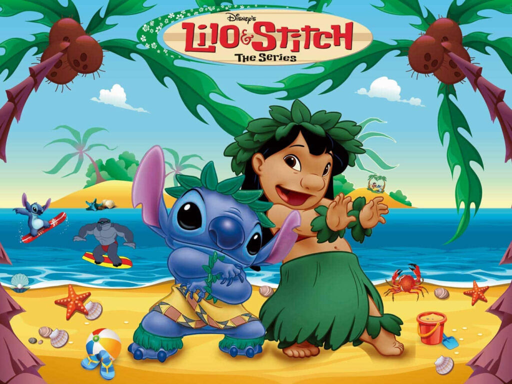 Vibrant Lilo and Stitch Tropical Beach Wallpaper - Fun Adventure Background