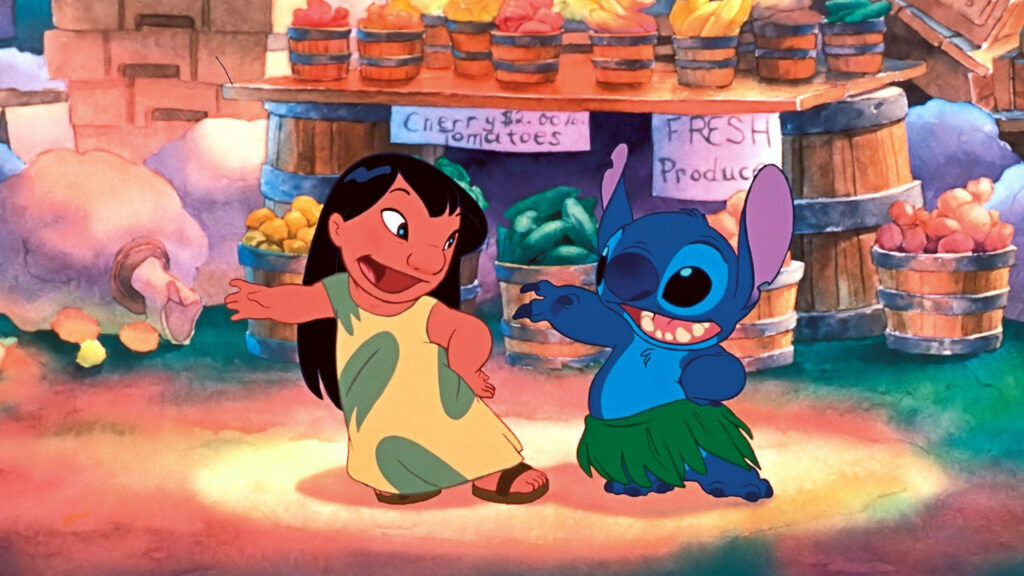 Joyful Lilo and Stitch Dancing in Colorful Market Wallpaper