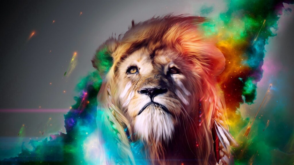 Vibrant Lion Face Wallpaper: Colorful Smoky Clouds Background 2560x1440