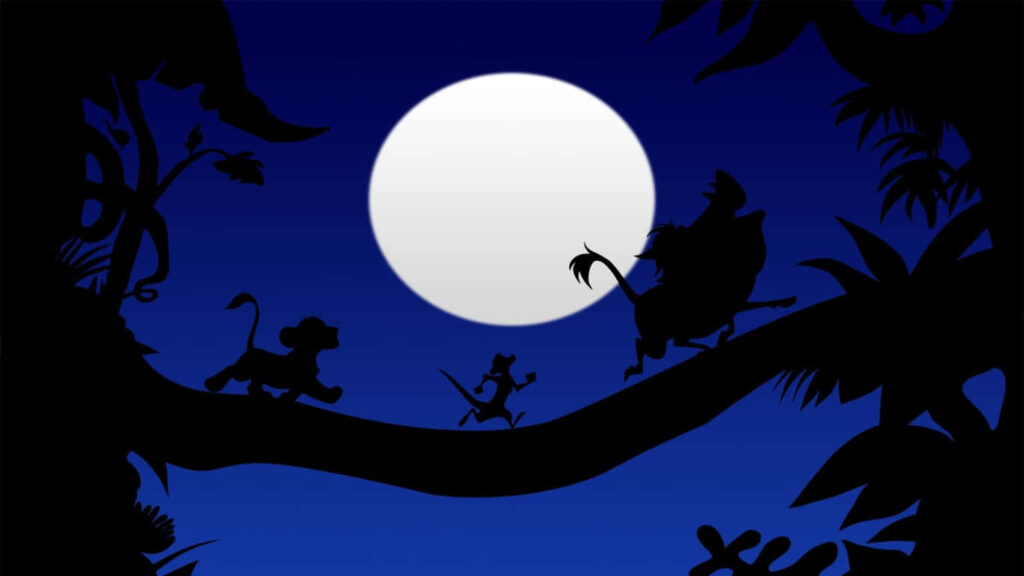 Vibrant Lion King Wallpaper: Timon, Pumbaa & Simba Under Full Moon