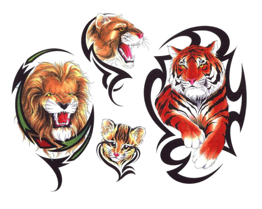 Vibrant Lion & Tiger Wallpaper with Tribal Patterns & Playful Cub