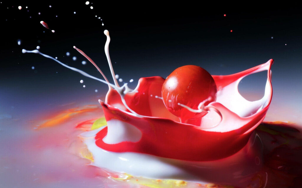 Vibrant Liquid Paint Splash with Red Ball | High-Resolution Wallpaper