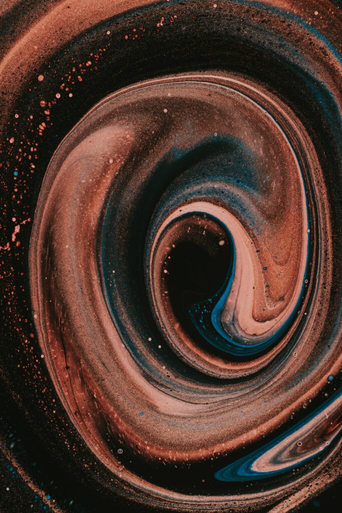 Mesmerizing Liquid Swirl Wallpaper: Vibrant Orange, Black & Blue