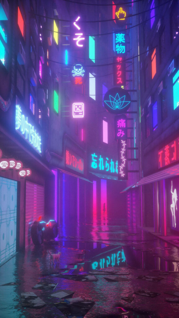 Vibrant Lo-Fi Wallpaper: Neon Alleyway with Futuristic Aesthetic