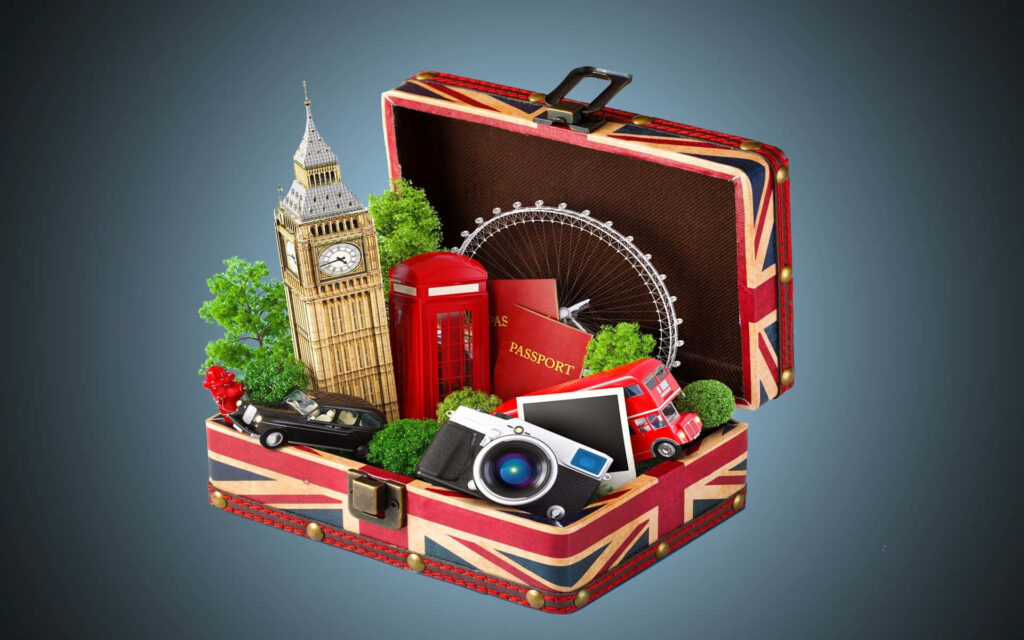 Vibrant 3D London Adventure Wallpaper: Iconic UK Symbols & Suitcase