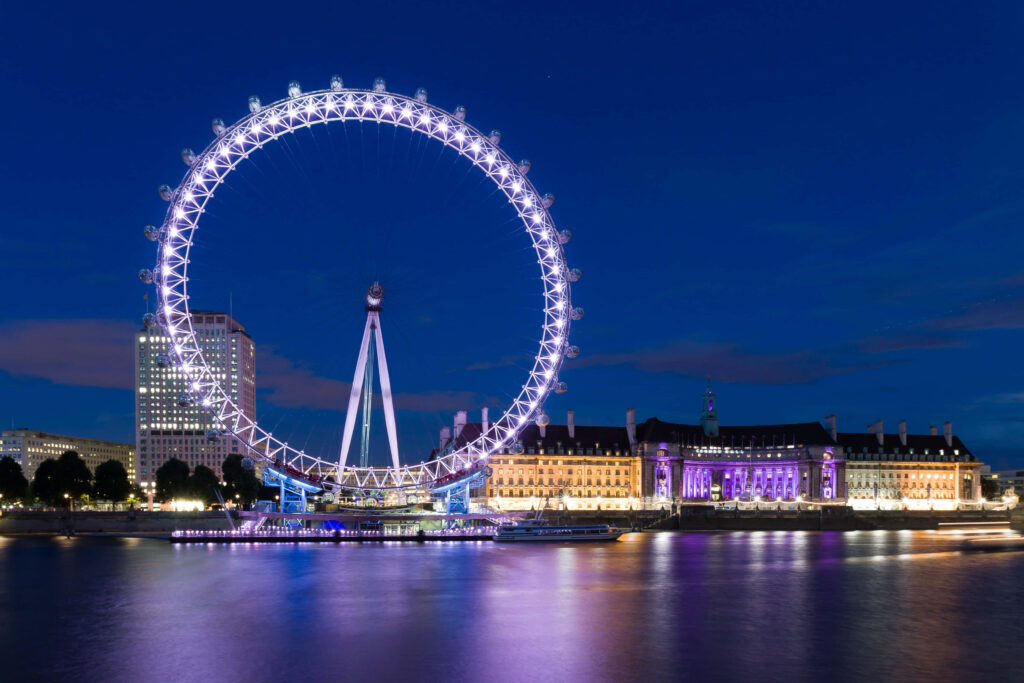 Nighttime London Eye Wallpaper: Vibrant Lights & River Thames Reflections