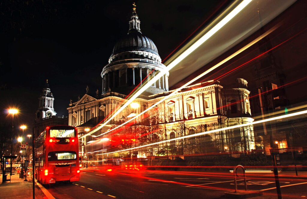Vibrant London Night Wallpaper: St. Paul's Cathedral & Red Bus