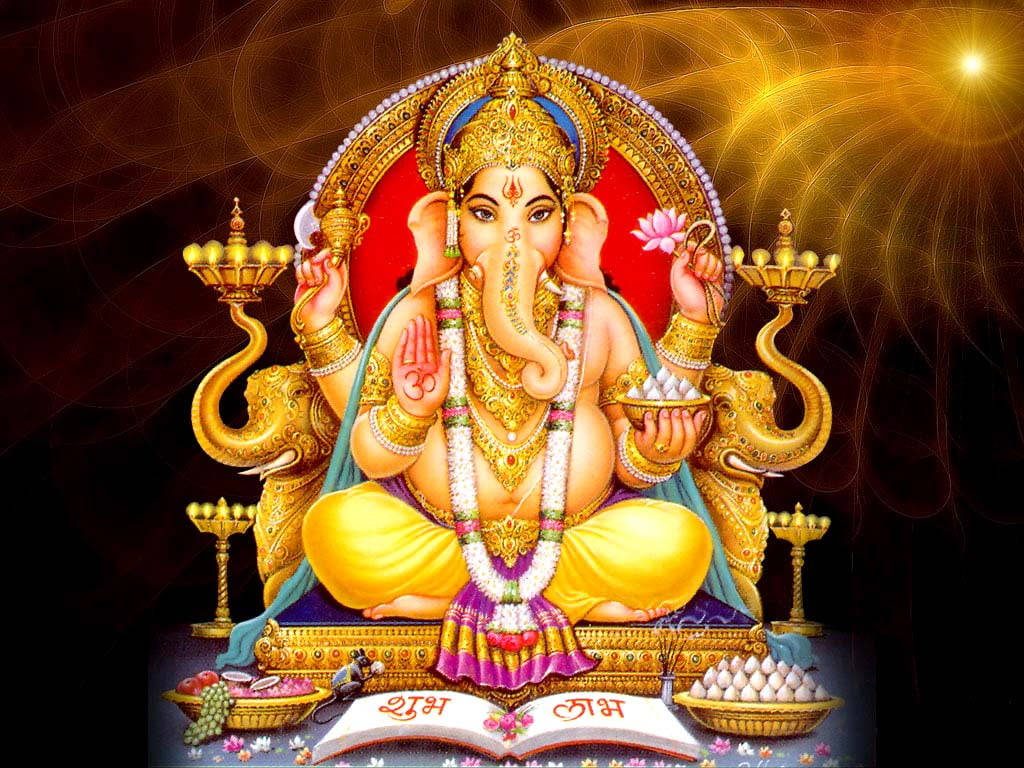 Lord Ganesh Ji HD wallpaper golden throne modak offerings Shubh Labh book spiritual art background