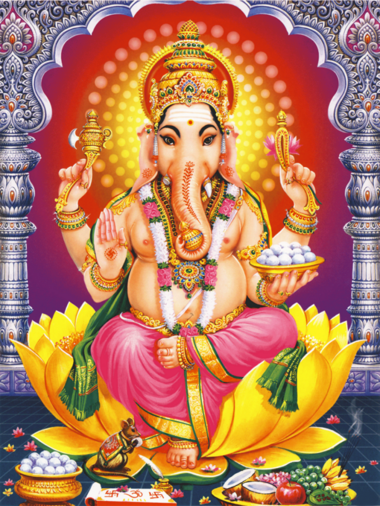 Vibrant Lord Ganesha on yellow lotus holding goad lotus modaks with mouse vehicle wallpaper