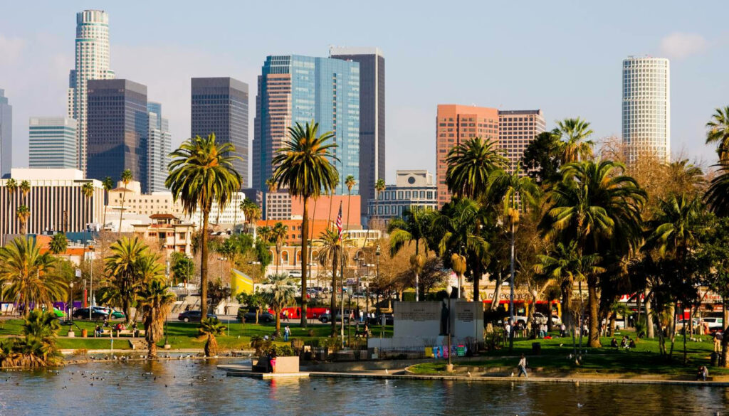 Vibrant Los Angeles Skyline Wallpaper: Modern Architecture & Palm Trees