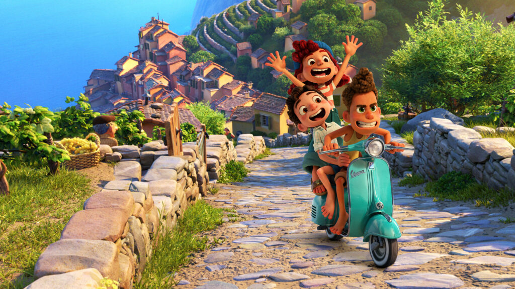 Vibrant Luca Characters on Green Vespa in Scenic Coastal Village Wallpaper