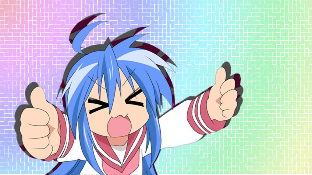 Vibrant Lucky Star Wallpaper: Blue-Haired Character & Colorful Mosaic